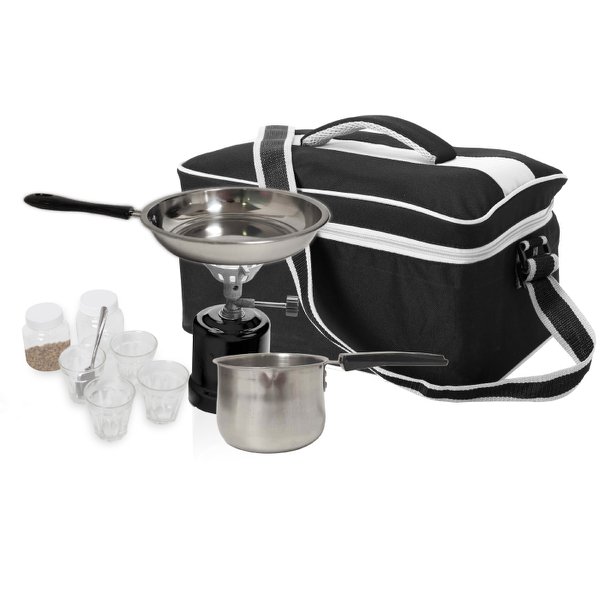 ערכת קפה לשטח עם גזיה, פינג’אן, כוסות ותיק נשיאה ממותג